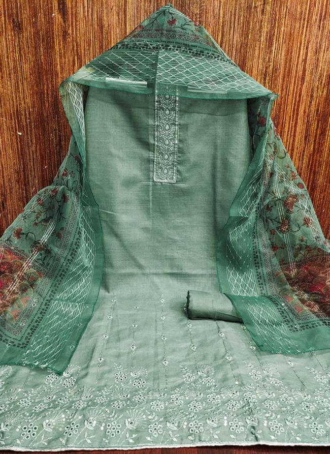 Cotton Mint Traditional Wear Sequins Work Dress Material